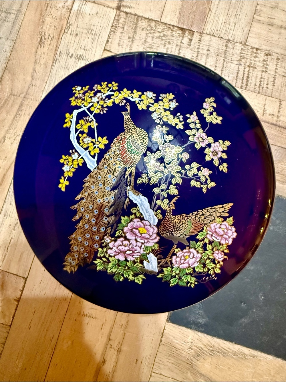 Vintage Giftcraft Japanese Porcelain Trinket Box Cobalt Blue & 24k Gold Peacock